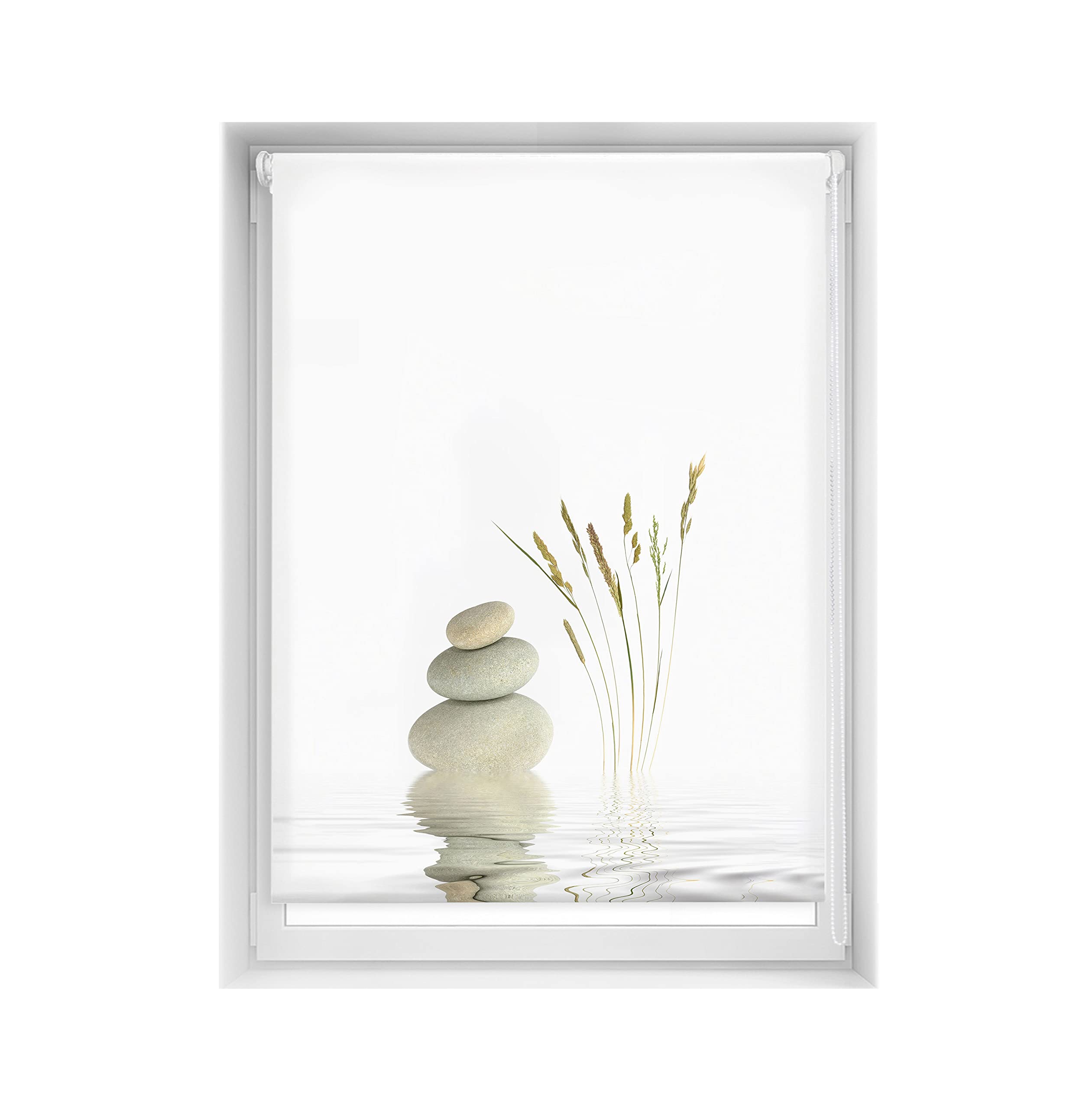 Blindecor Easy Blackout Roller Blind, No Drilling Required, Printed, Blackout, Digital Print, Serenity, 110 x 150 cm (width per height), Fabric Size 107 x 145 cm, Thermal Blinds, Zen