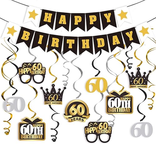 Miniatura 252 de LINGTEER Happy 65th Birthday Decorations Set - 12Pcs Black & Gold Swirls Streamer,Happy Birthday Bunting Banner,Cheers to 65 Years Old Bday Party