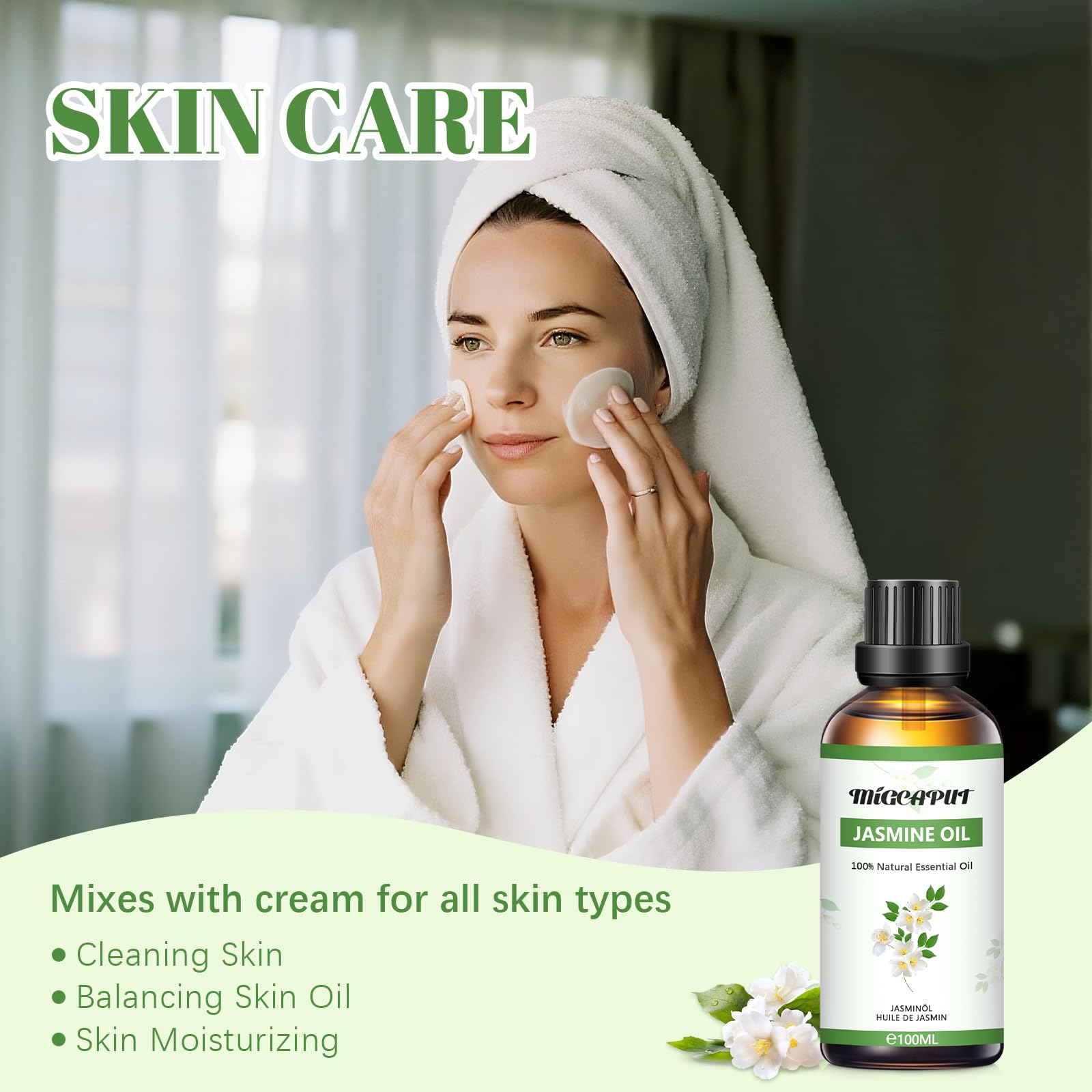 MIGCAPUT Aceite Esencial de Jazmín 100ML, 100% Natural Aceite de Fragancia Premium, Aceites Esenciales de Aromaterapia para Humidificador Difusor, SPA, Masaje, Dormir, Jabón Artesanal