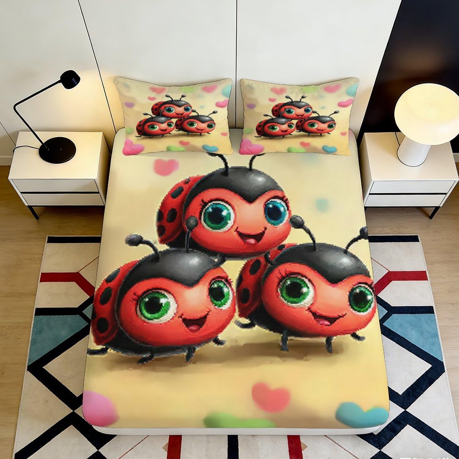 3D Printed Cartoon Ladybug Fitted Sheet Microfiber Deep Pocket Non-Slip for Adult Bedroom Ladybug Mattress Fitted Cover 160x200x25cm