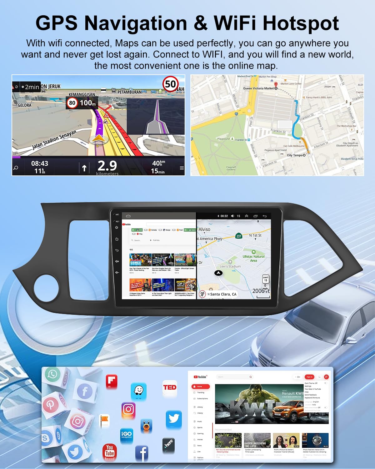 NHOPEEW 2+64G Android CarPlay Stereo per KIA Picanto 2012-2016 - Radio touchscreen da 9 pollici con CarPlay wireless Android Auto - WiFi GPS Mirror Link EQ RDS + Telecamera di backup e microfono