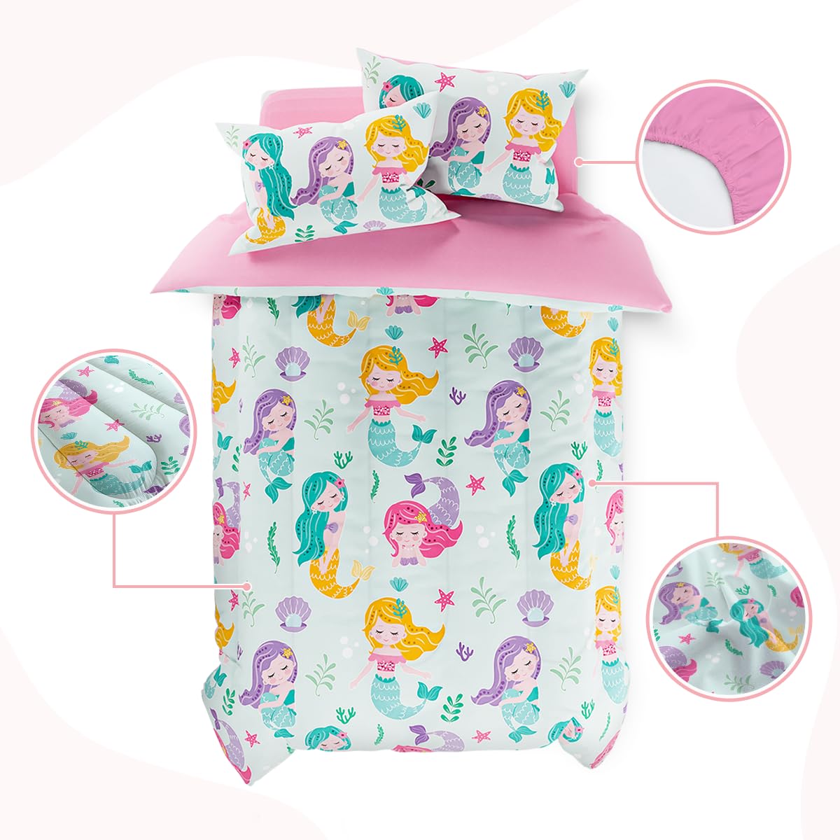 SANDJEST Mermaid Bedding Twin for Girls, Ultra Soft Microfiber Comforter Set Twin Size with 3-Pieces, Comforters Bed Sets for Kid Children Teen Tween Bedroom Decor
