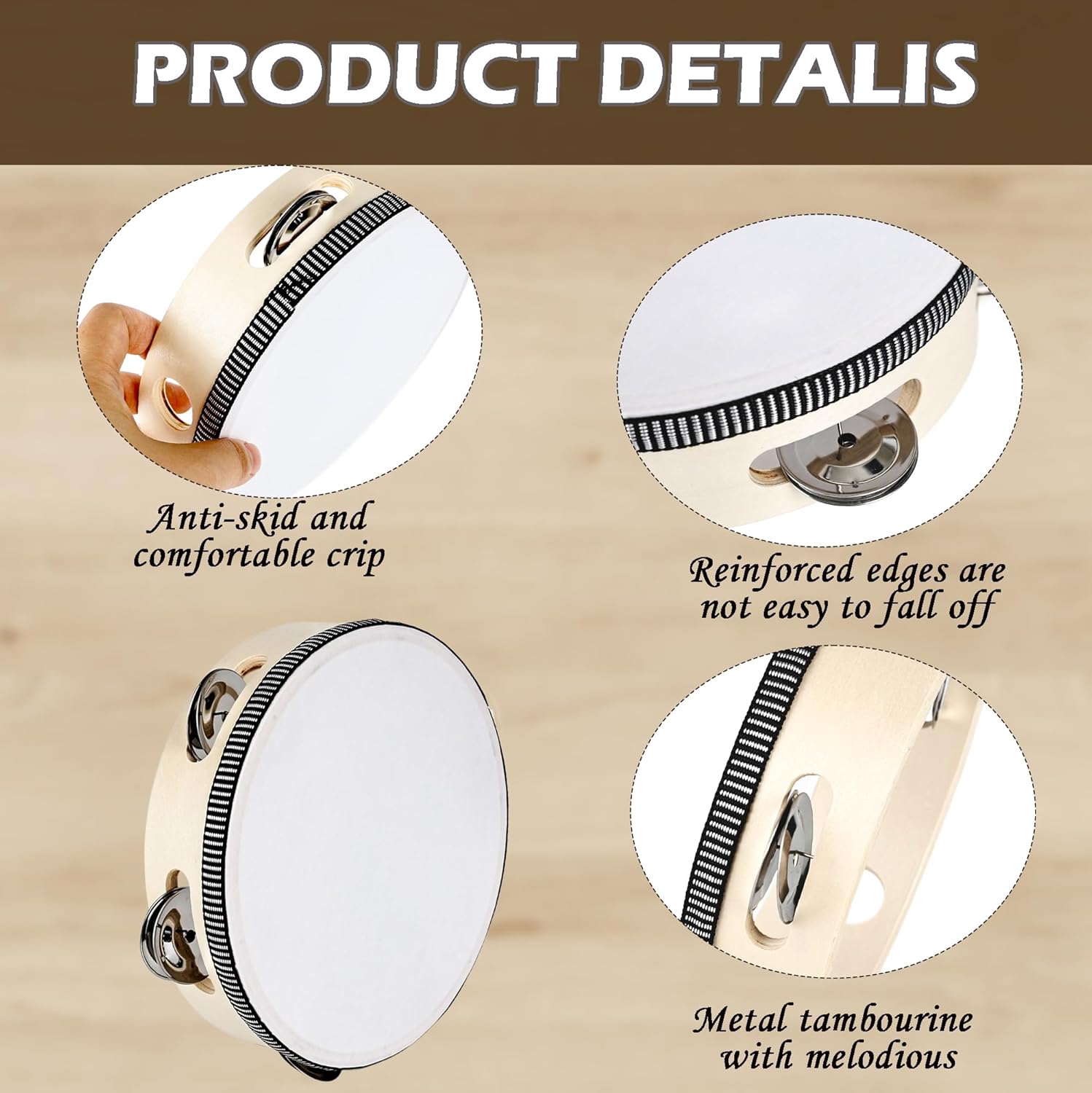 12 Pcs 6 Inch Adult Wedding Tambourines Drum Wooden Hand Held Drum Bell Tambourine with Metal Jingles Musical Instruments Percussion for Church Wedding Dance