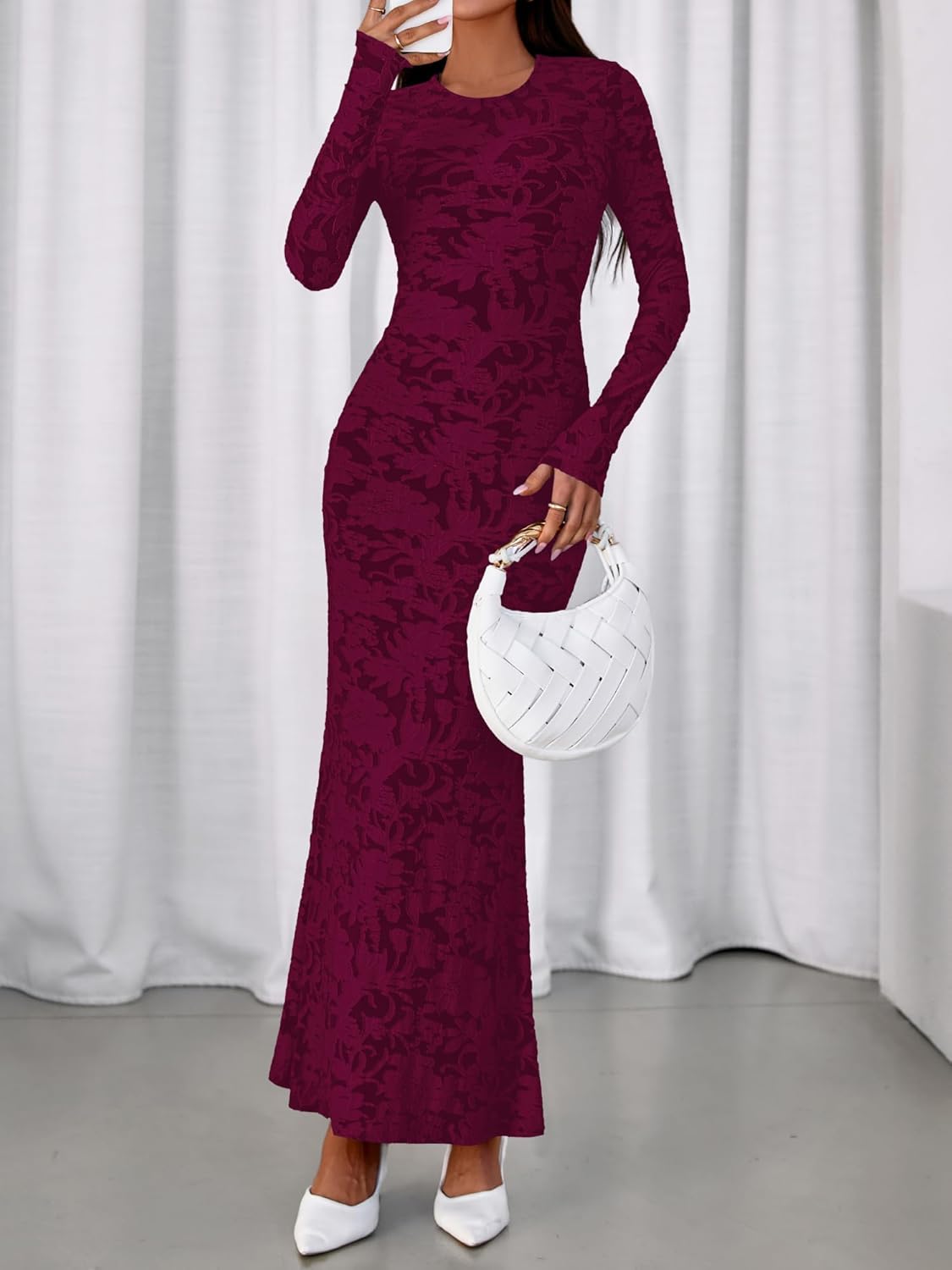 BTFBM Wedding Guest Dresses for Women 2026 Spring Elegant Floral Lace Ruched Long Sleeve Bodycon Cocktail Party Maxi Dress - Image 7