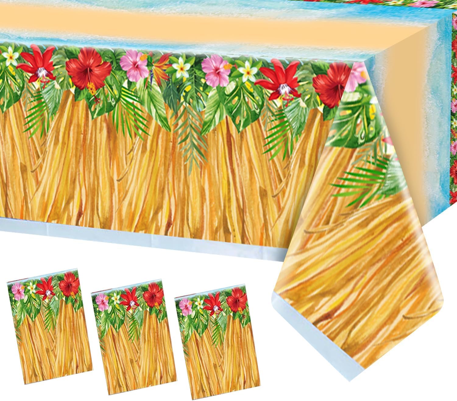 3Pcs Summer Ocean Beach Tablecloths 86x51in Hawaii Luau Grass Skirt Table Cloth Tropical Palm Polynesia Hawaiian Aloha Party Table Cover Decoration Princess Girl Baby Birthday Decor Supplies
