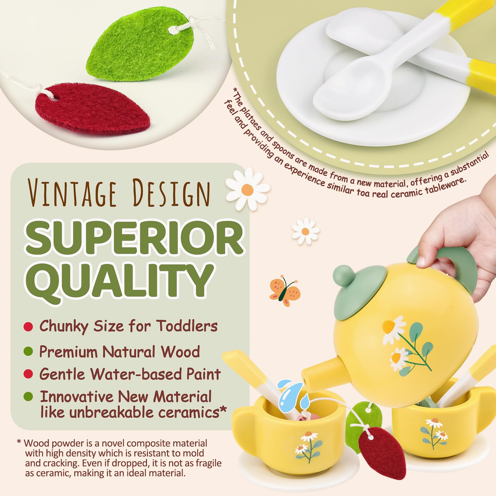 Airlab Set Tazzine Gioco per Servizio da Tè, Accessori Cucina Giocattolo in Legno per Bambini Bambina, Set Cibo Finto Giocattolo per Cucina Bambini, Regalo Bambino Compleanno Pasqua Halloween Natale