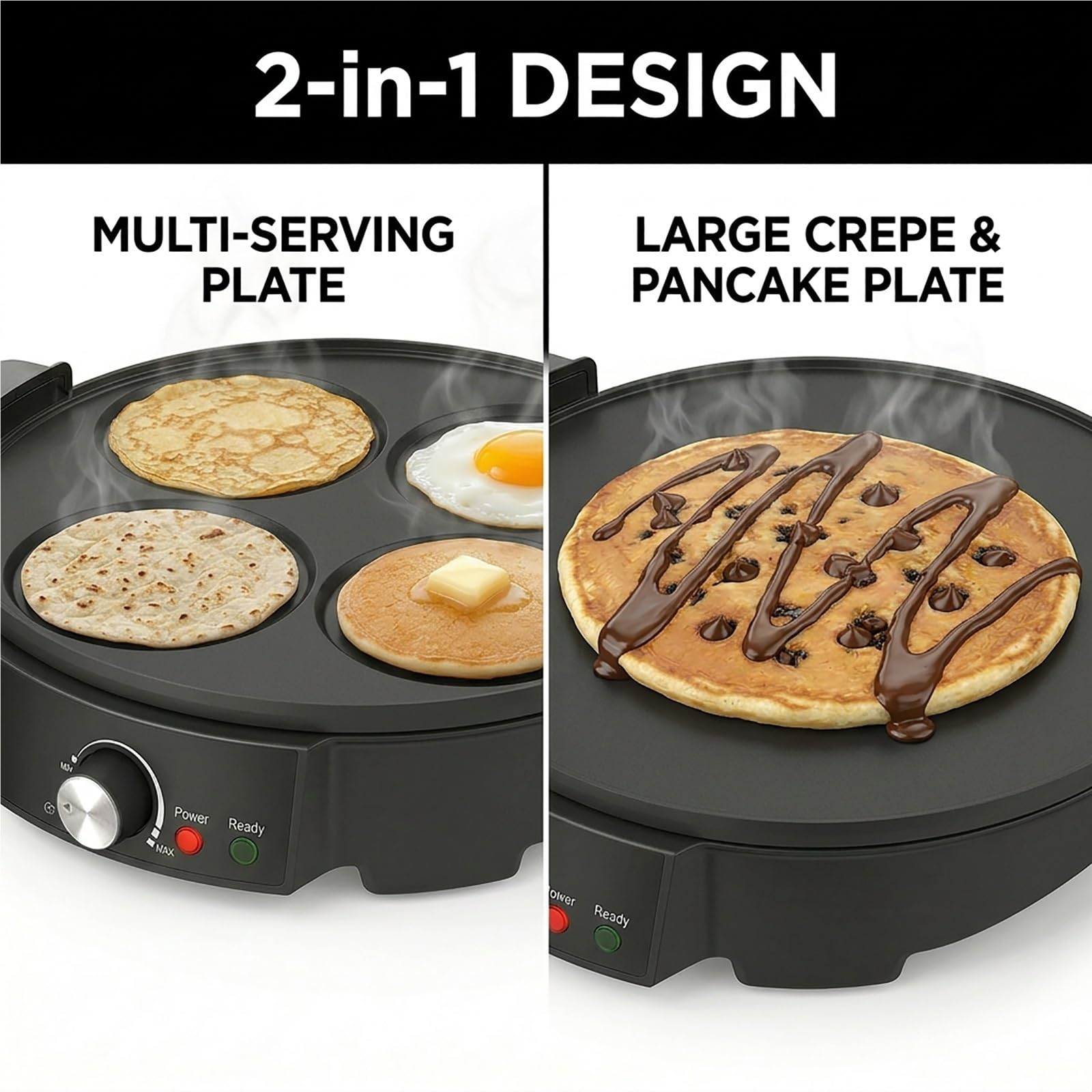 Crepera Electrica 2 en 1 con Placas Intercambiables 1200W Antiadherente Control de Temperatura Ajustable para Tortitas Blintzes y Tortillas Maquina de Desayuno Profesional para Hogar