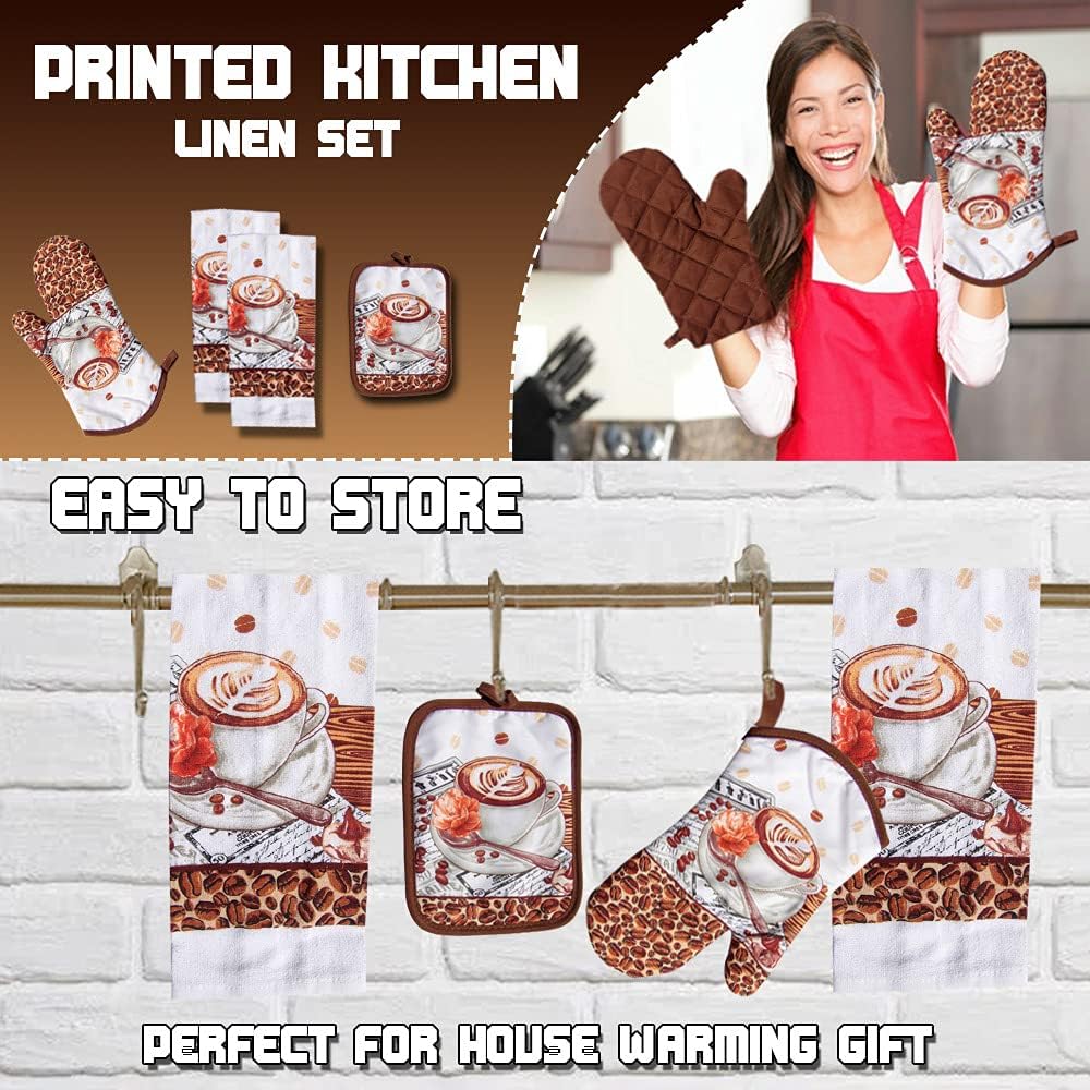 Lobyn Value Packs 4 Pack Kitchen Linens Lightweight Decorative Kitchen Towel Oven Mitt & Potholder (Coffee)