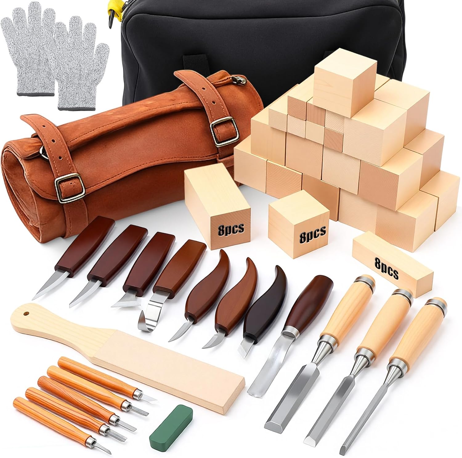 Therwen 45pcs Wood Carving Kit Included 16 Whittling Knife Chisel Set with Leather Storage Bag, 24 Basswood Carving Blocks, Wood Whittling Tool for Beginners Enthusiasts Craft Gift for Valentine's Day