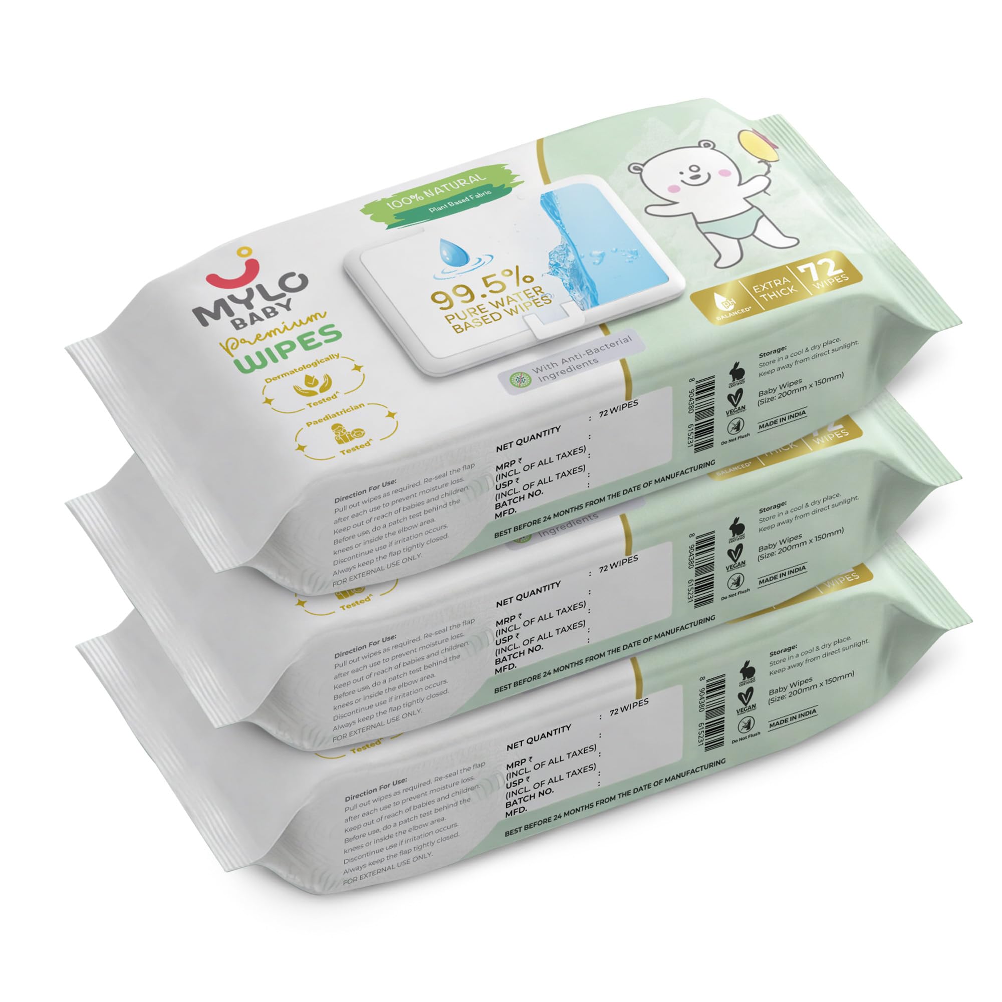 Mylo Baby 99.5% Pure Water Based Wipes, 4X Thicker Cotton Fabric, Unscented with 30% Extra Hydration, 72 Wipes Each - Pack of 3-image-22