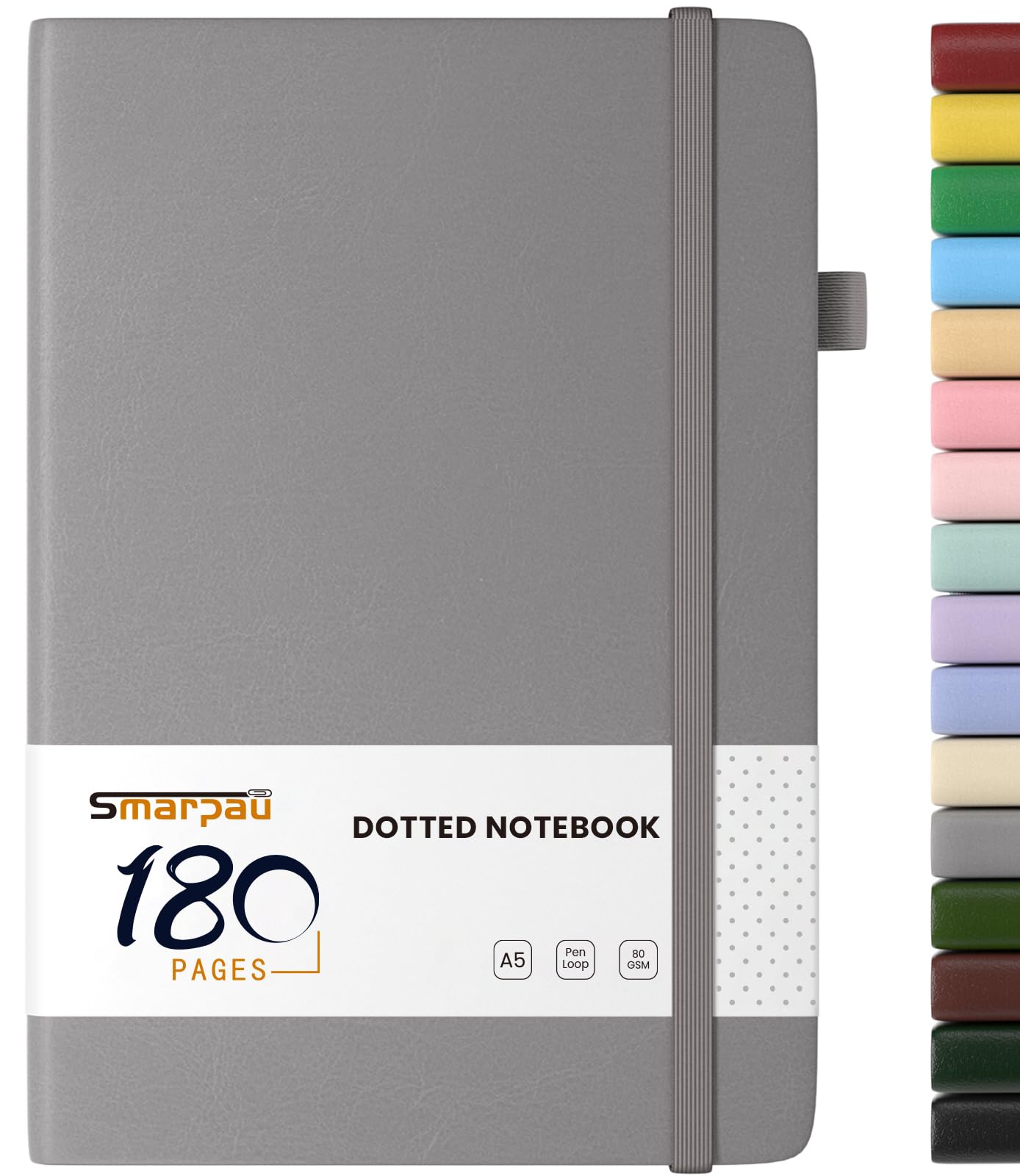 Smarpau A5 Bullet Dot Grid Notebook, Hardback Dotted Journal Notebook with 180 Pages, Leather Notepad for Women Men Writing, for Office School Travel, Silvery