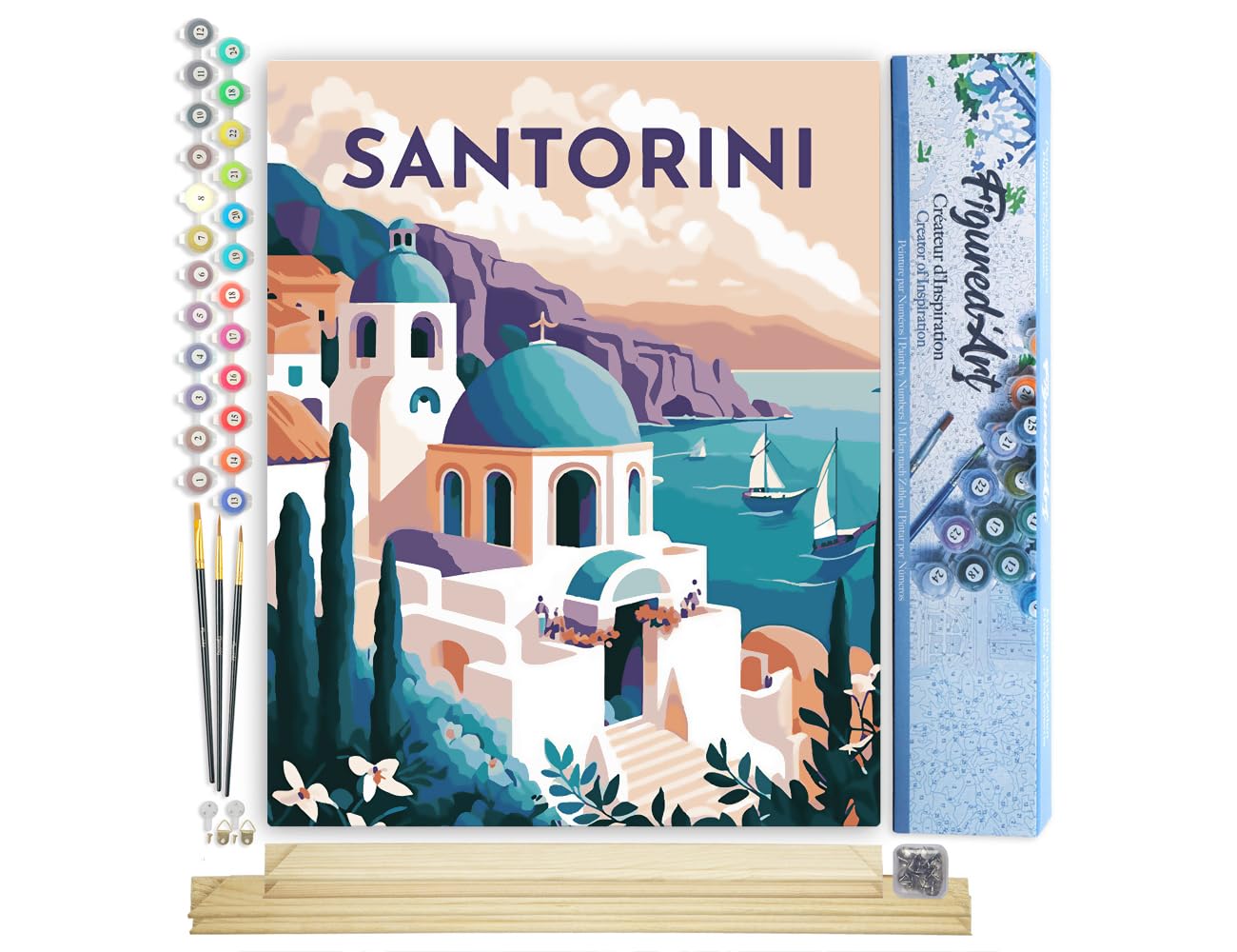 Figured'Art Paint by Number for Adults Travel Poster Santorini 40x50cm - Craft Art Painting Rolled Canvas with DIY Wooden Frame