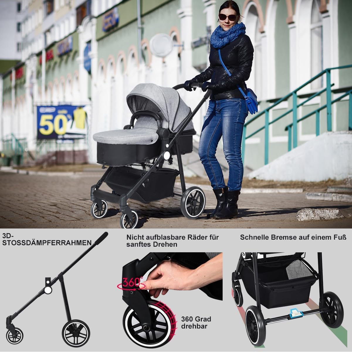 COSTWAY 2 in 1 Kinderwagen mit umkehrbarem Sitz faltbar, Kombikinderwagen mit Liegefunktion, verstellbarer Rückenlehne & Sonnenschutz, Reisebuggy tragbar, Reisesystem für Baby bis 3 Jahren (Grau)