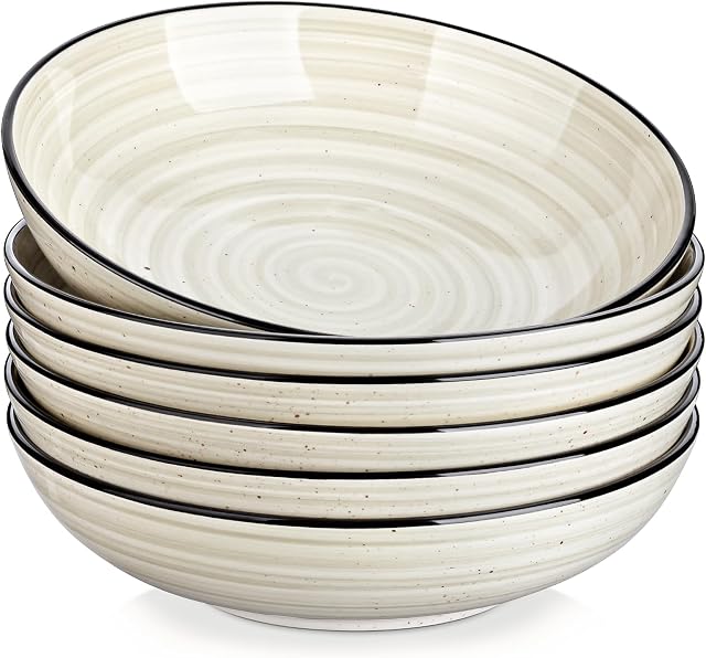 vancasso Bonbon Pasta Bowls Set of 6, 38 Oz Ceramic Salad Bowls, Wide and Shallow Bowls Set, Large Serving Bowls, Beige