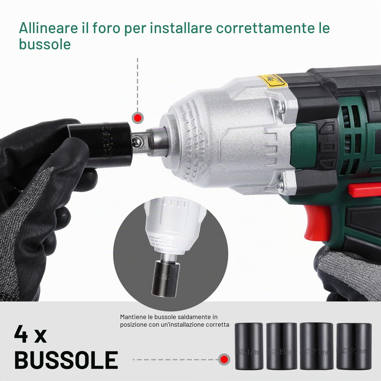 POSENPRO Avvitatore a impulsi 550 W, Avvitatori a Massa Battente, Coppia massima 500N.m, Fornito in una scatola con 4 prese (17, 19, 21 e 22 mm)