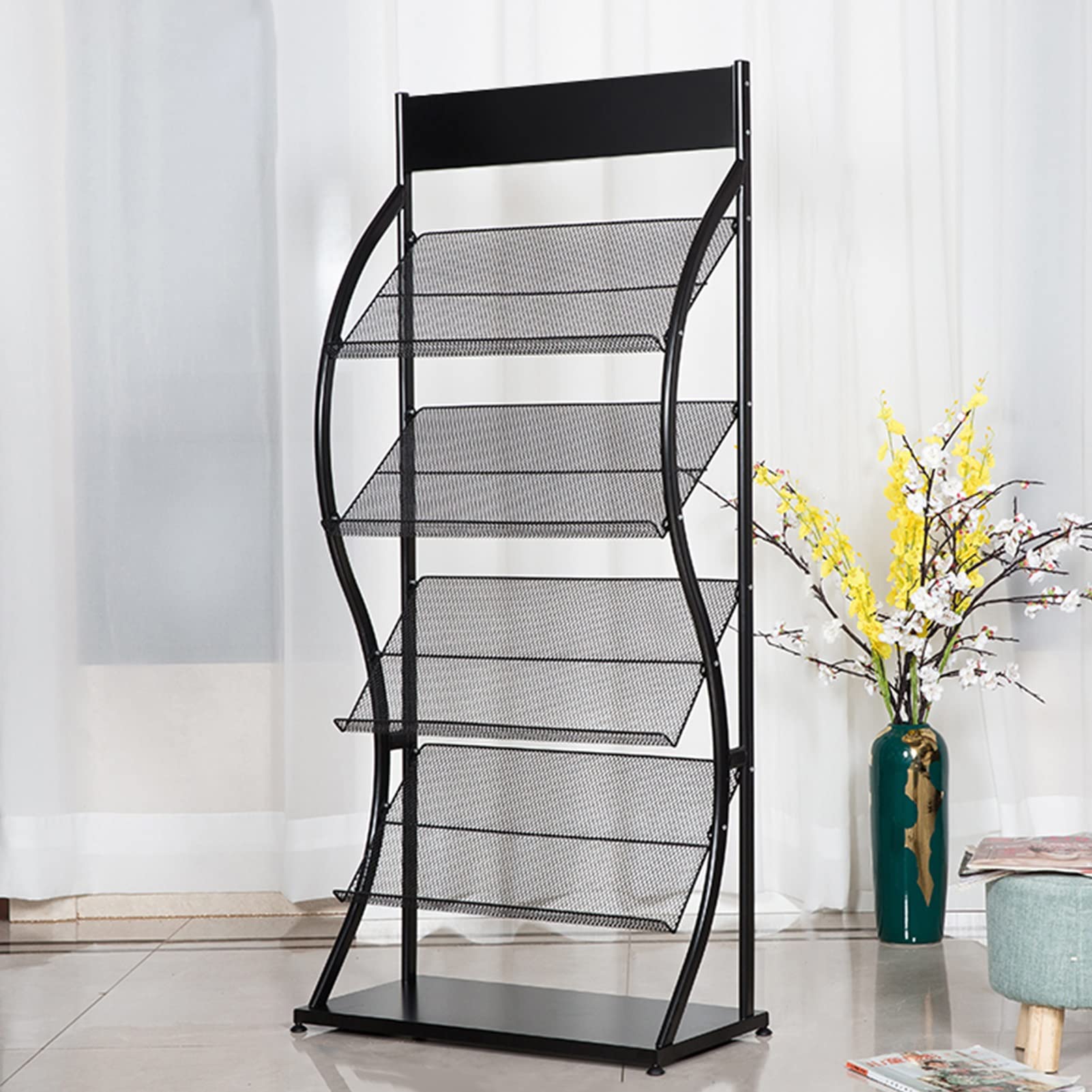 MTSON Prospektständer Magazin Rack Floor Standing Literaturständer, Metall Office Katalog Display Stand Zeitungshalter für Ausstellung, Langlebige Broschüre Stehen - Schwarz