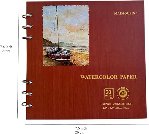 Miniatura 10 de MAIMOUFIN Papel de acuarela, 100% algodón, 7.6 x 7.6 pulgadas, 20 hojas (140 libras10.58 ozm) a presión en frío, anillos de hojas sueltas de tapa