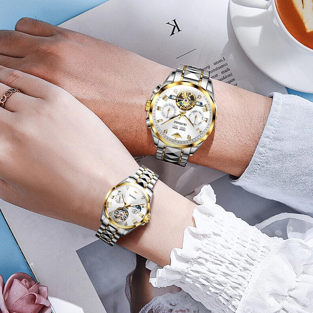 OLEVS Couple Pair Watches Set Automatic Mechanical Self Winding Dress Matching Watch for His and Hers Valentines Day Gifts