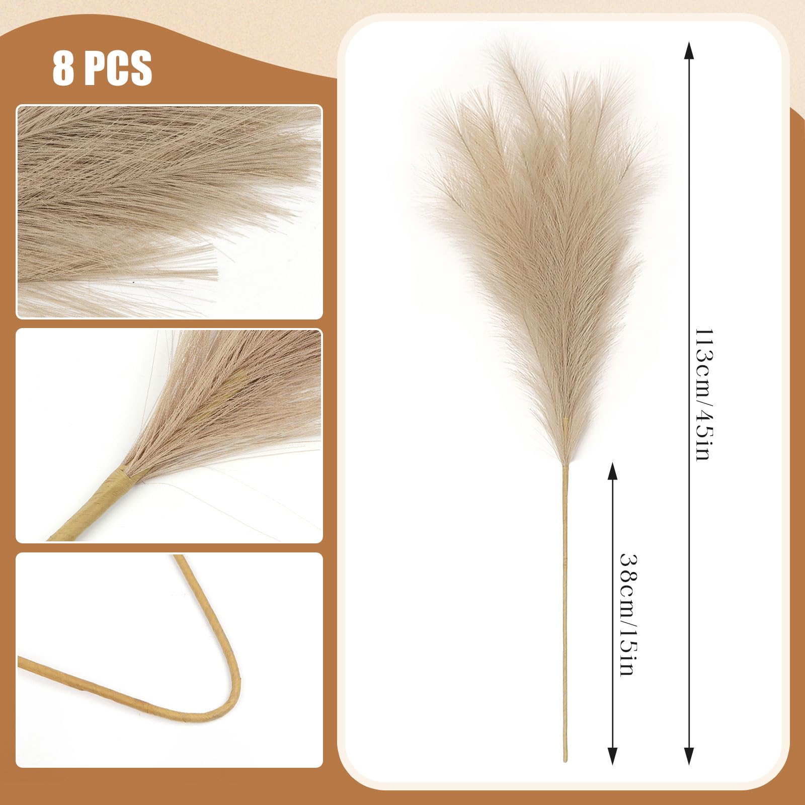 8 pcs Faux Pampas Grass 113CM, Soffice Erba Artificiale Pampas Falso Erba Pomposa per Vaso Home Wedding Decor (marrone)
