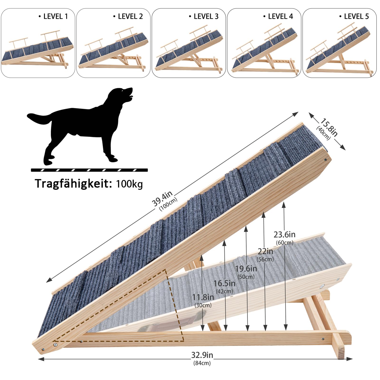 Trintion Hunderampe Klappbare Hunderampe aus Holz HöHenverstellbar 30-60cm rutschfeste Haustiertreppe Für Hunde Und Katzen Hunderampe Klappbar HöHenverstellbare Haustiertreppe rutschfeste Rampe