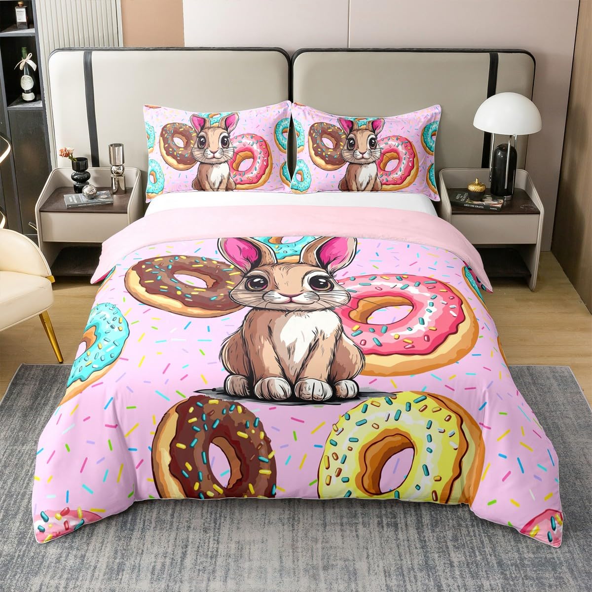 Housse de couette 240 x 260 coton lapin mignon idée cadeau parure lit enfant donuts