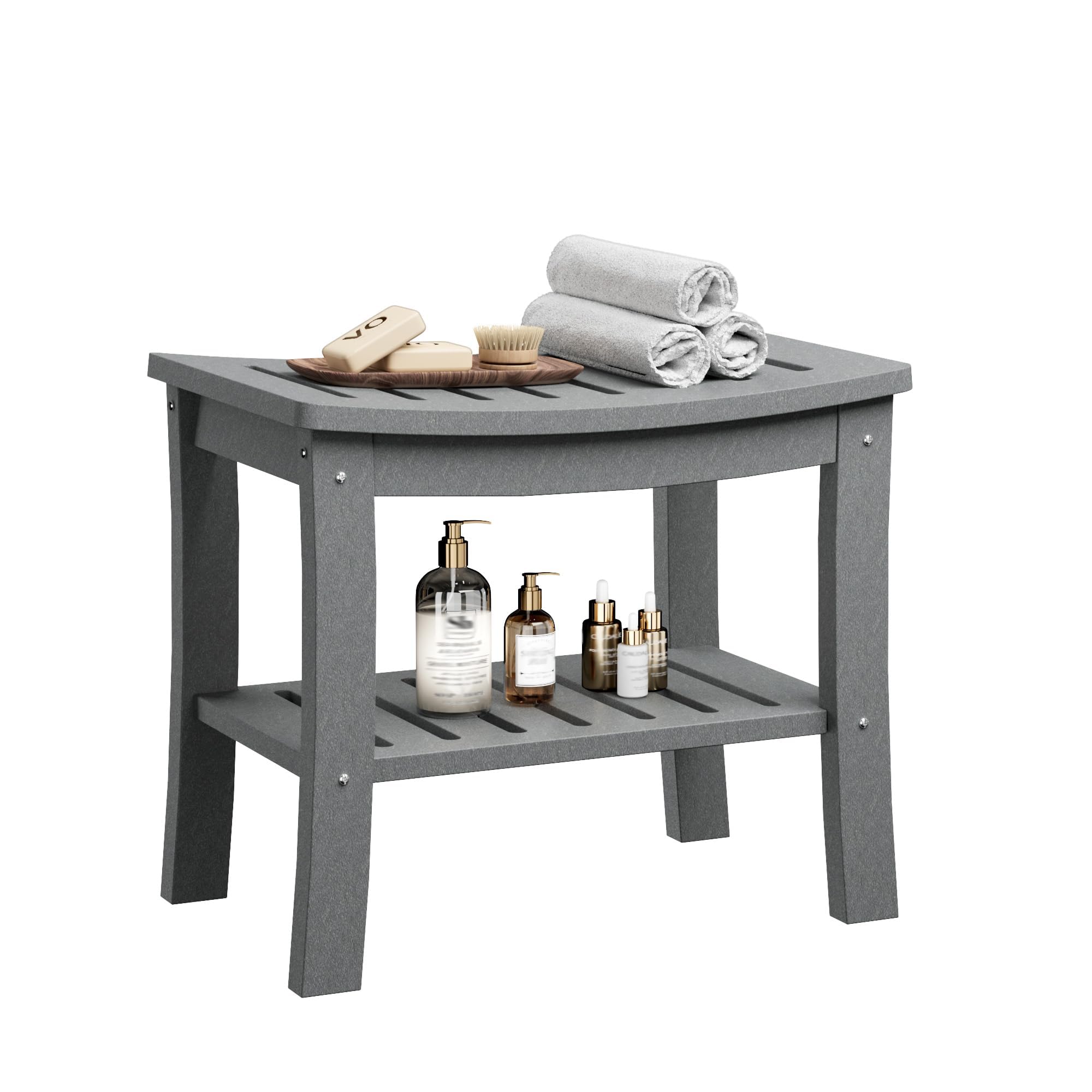 GarveeHome Duschbank, Badebank mit 2-stufiger Ablage, HDPE-Material, wasserfest, bis 181 kg belastbar, für Badezimmer, 52×35×45 cm, Grau