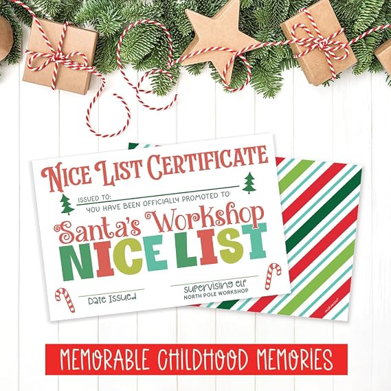 m&h invites Nice List Certificate Christmas Cards For Kids - Santas Workshop Elf North Pole Cards - 50 Count