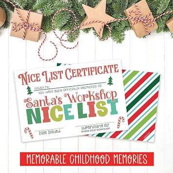 m&h invites Nice List Certificate Christmas Cards For Kids - Santas Workshop Elf North Pole Cards - 50 Count