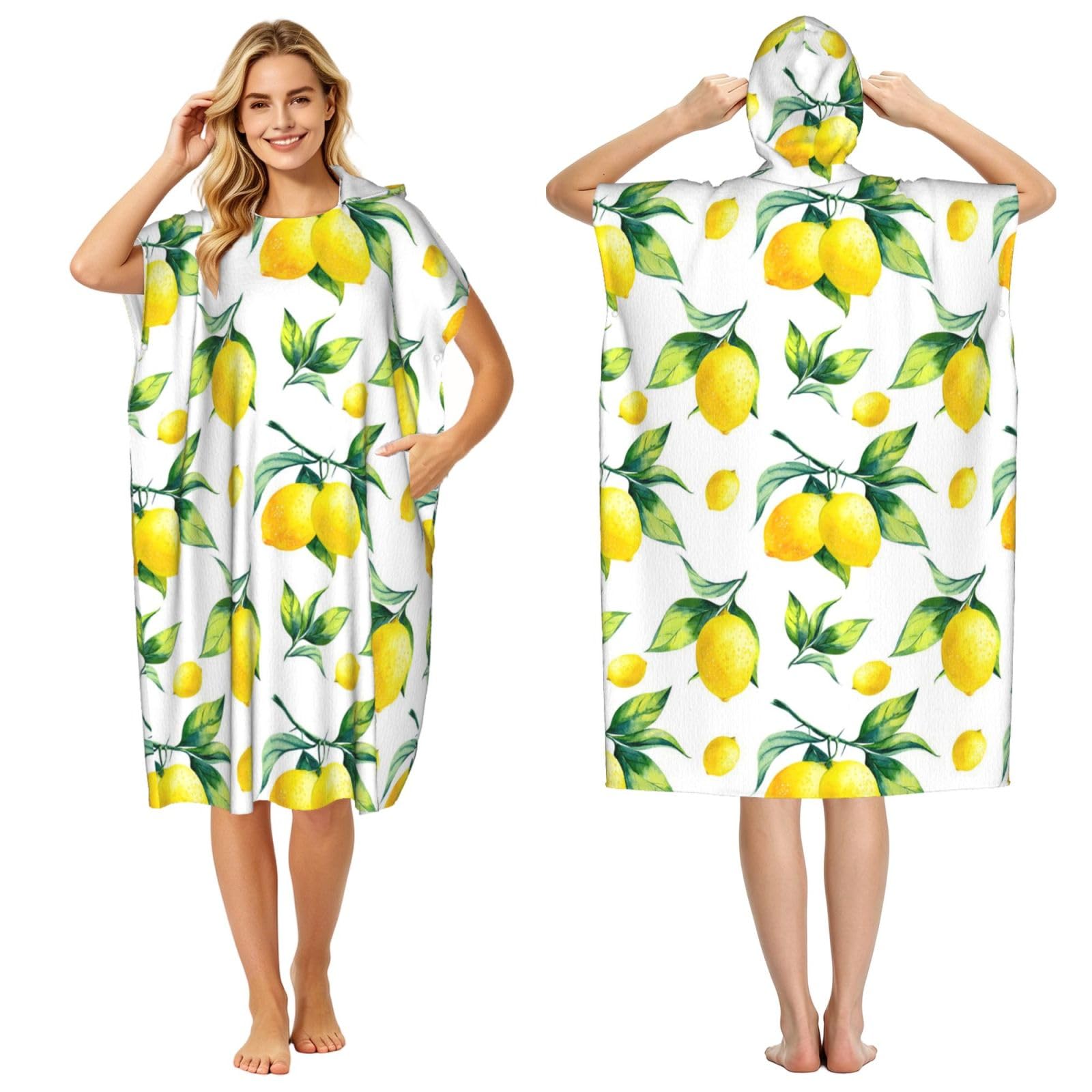 Poadnly Lemon, Adult Hooded Beach Towel 90 x 110 cm,Changing Bath Robe, Surf Poncho Towel For Women Men