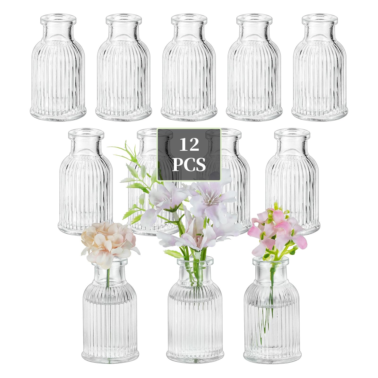 Glasseam Bud Vases for Table Decorations: 12pcs Small Glass Vase Set Lovely Clear Mini Vases for Wedding Party Centrepiece Home Decor Dining Tables