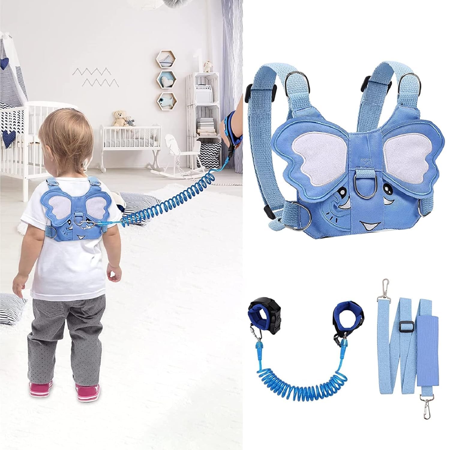 Laisse 3 en 1 pour enfant - Motif éléphant - Anti-perte - Avec poignet de sécurité - Harnais de course pour enfants - Laisse pour enfant avec cadenas de sécurité