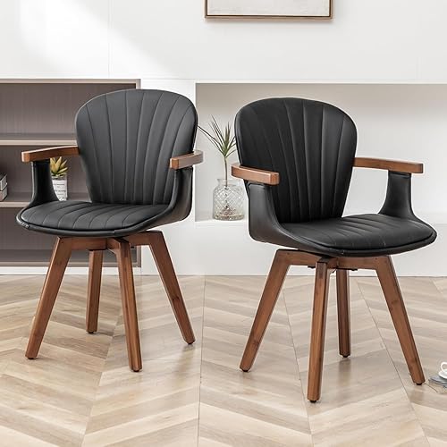 Miniatura 5 de LUNLING Sillas de comedor giratorias, sillas de cocina modernas de cuero sintético negro de mediados de siglo con brazos, patas de bambú, sillas