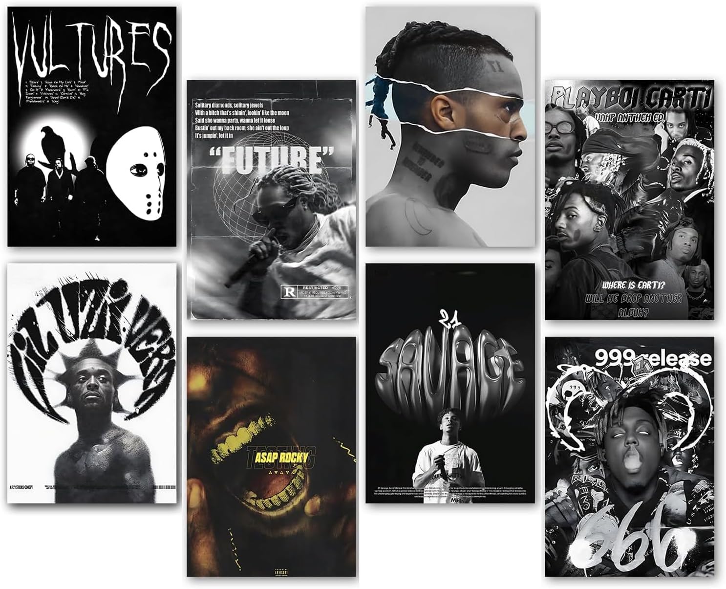 Wallgasm Rapper Posters - Set of 8, 8x12 inch (A4 Size) 300 GSM | Rap Poster | Juice WRLD | 21 Savage | Playboi Carti | Future | A$AP Rocky | Lil Uzi Vert | Metro Posters
