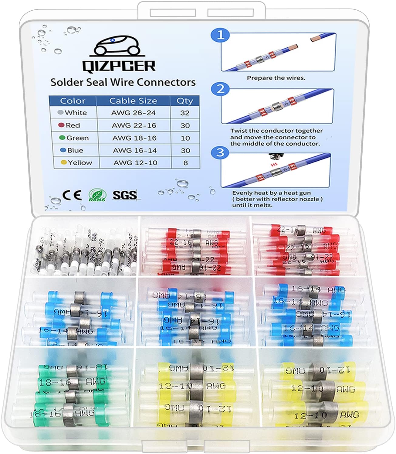 110 Pcs Heat Shrink Wire Connectors, Solder Seal Butt Connectors Kit Waterproof Marine Electrical Splice Terminals