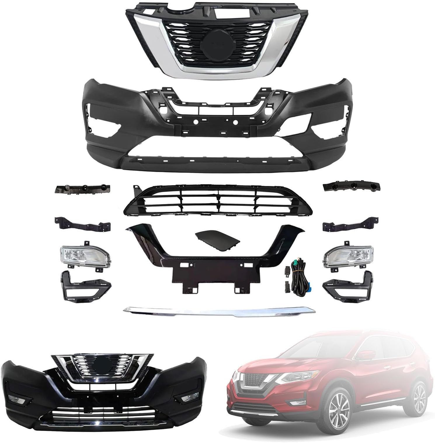 Front Bumper Cover Kit Compatible with 2017 2018 2019 2020 N-is-s-a-n Rogue With Fog Lights With Tow Hook Without Sensor Holes