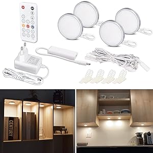 WOBANE Luz Led para Vitrina con Mando a Distancia Regulable, 4 Led Puck Lights, Luces Led Adhesivas para Armarios con Mando y Enchufe para Iluminación Estanterías,Encimera,Vitrinas, Blanco Frío 6000K