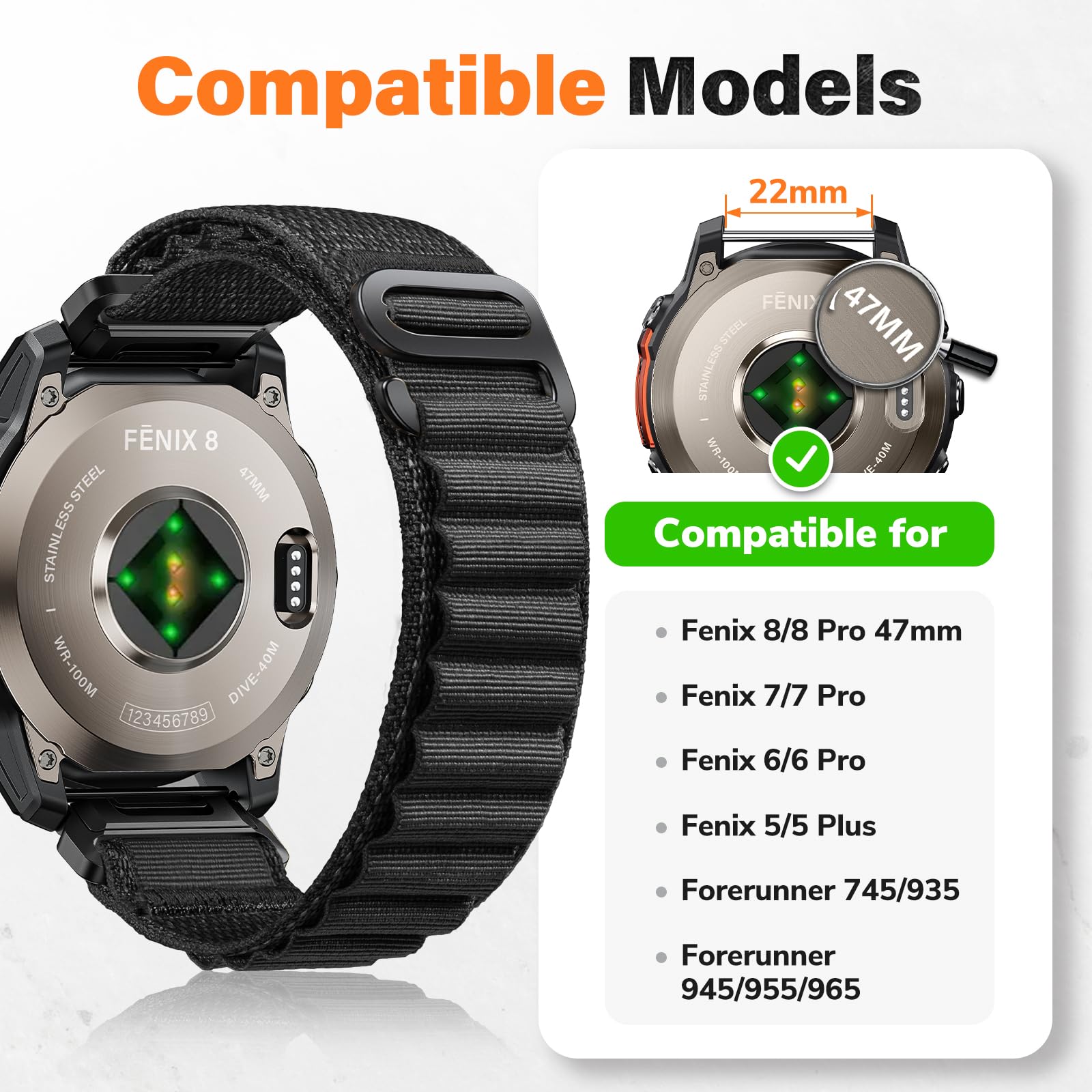 Alpine Loop Nylon Watch Band Compatible with Garmin Fenix 5/6/7/8 47mm, Quickfit 22mm Rugged Watch Bands for Garmin Epix Gen 2/Fenix 8 Pro 47mm/7 Pro/6 Pro/5 Plus/Forerunner 935/S62(Black)