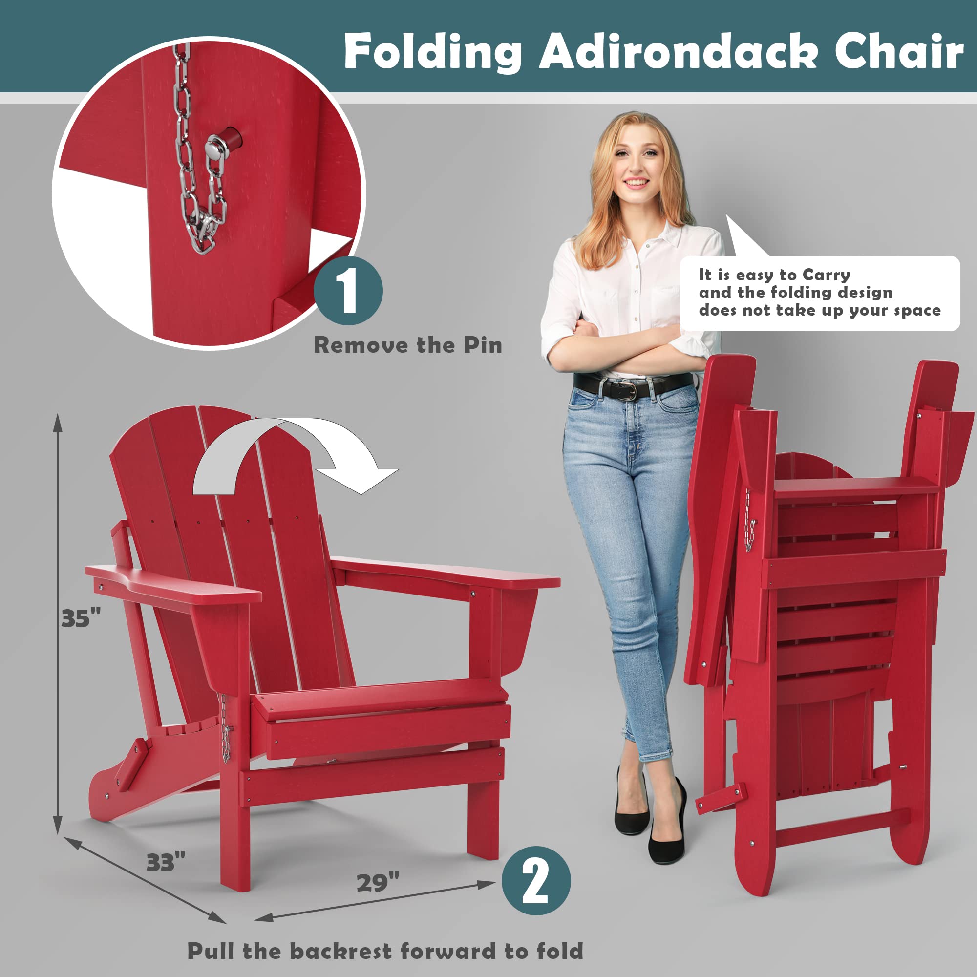 TORVA Adirondack Stuhl aus recyceltem Kunststoff, HDPE, zusammenklappbar, für den Außenbereich, Terrassenstühle, Rasenstuhl, wetterbeständig, Adirondack Stuhl, Rot