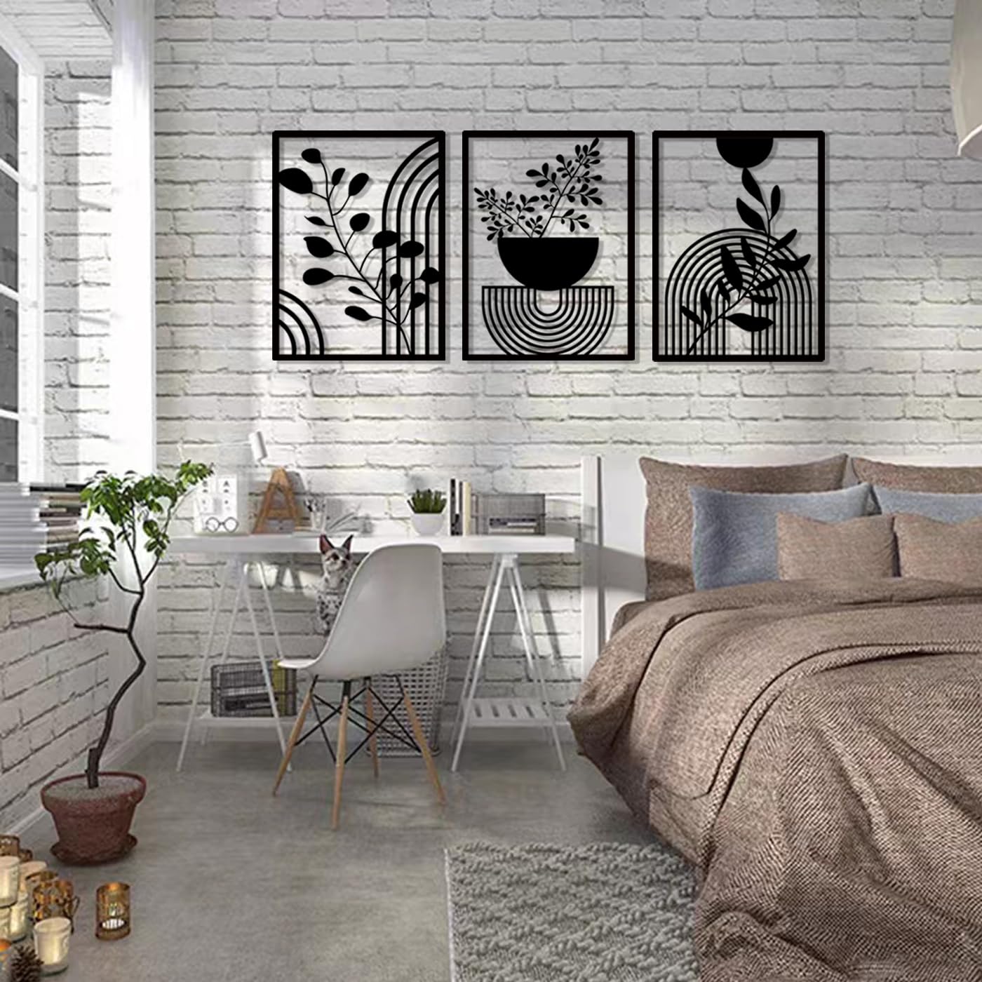 Pduoduo 3 Panels abstrakte Metall Boho Wanddekor, moderne geometrische schwarzes für Haus Schlafzimmer Wohnzimmer (22 * 16.5in)
