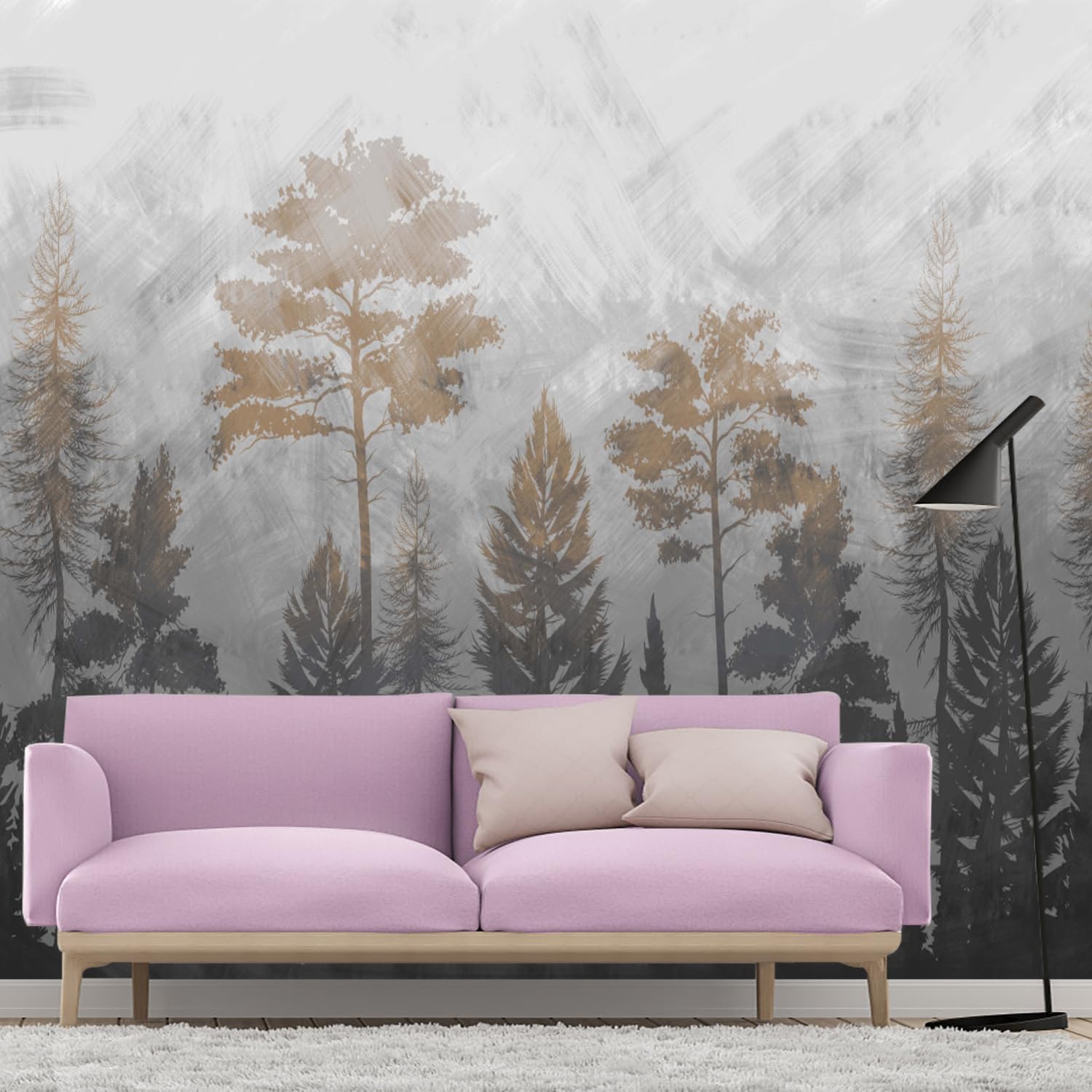 Grey Gold Forest Wallpaper, Beautiful Ink Charm, Mountain Forest, Freehand Bedroom Background Mural（Non-self-Adhesive Wall Stickers）