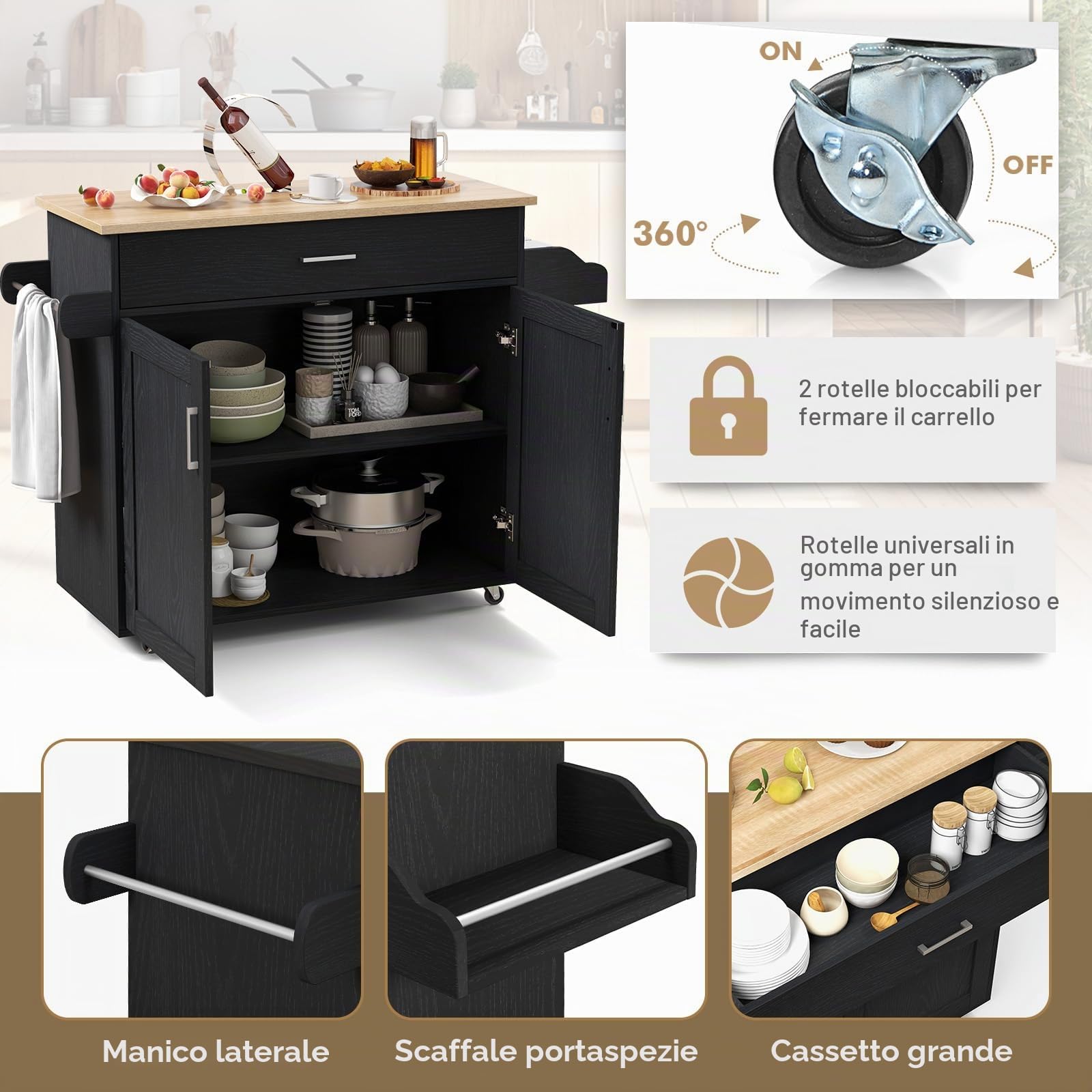 SOARS Carrello da Cucina con Ruote di Gomma, Isola Cucina con Cassetto e Ripiano Regolabile, Mobile Credenza Salvaspazio Porta Microonde, Portaspezie, Portasciugamani, 116 x 40 x 85 cm (Nero)