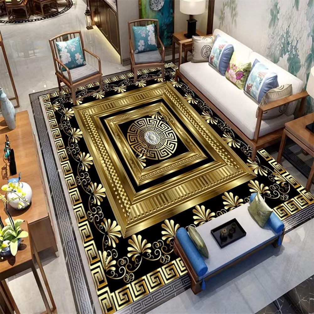 Tapis de luxe motif de fleur d'or pour grand salon chic
