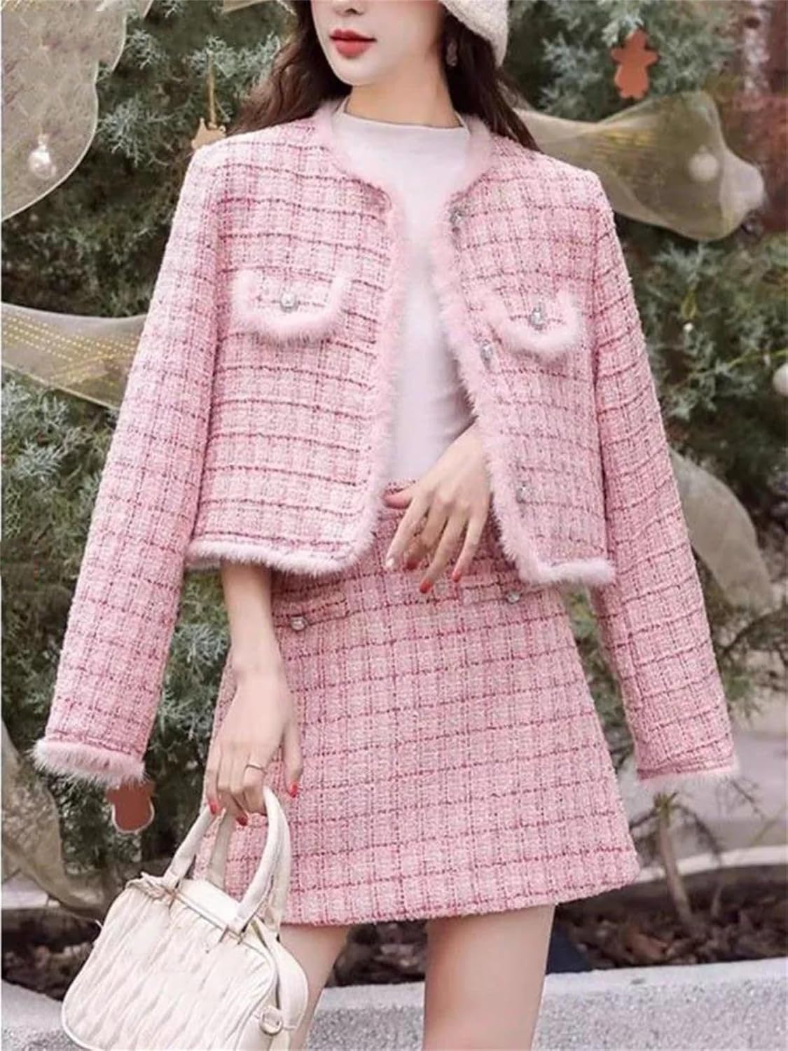 Women’s Slim Tweed Two Piece Outfit Elegant O-Neck Single Breasted Jacket and High Waist Skirt Casual Business Set