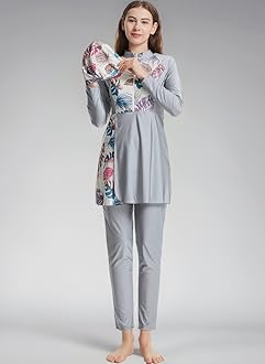 Women Muslim Swimsuit 3 Pieces Islamic Burkini Modest Swimwear Full Cover Rash Guard Long Sleeve Swim Top with Pants Hijab Swimming Costume Tankini Set Summer Beachwear