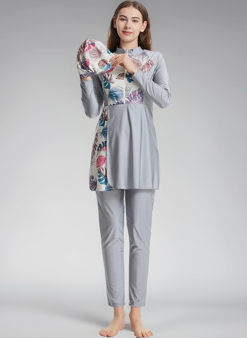 Women Muslim Swimsuit 3 Pieces Islamic Burkini Modest Swimwear Full Cover Rash Guard Long Sleeve Swim Top with Pants Hijab Swimming Costume Tankini Set Summer Beachwear