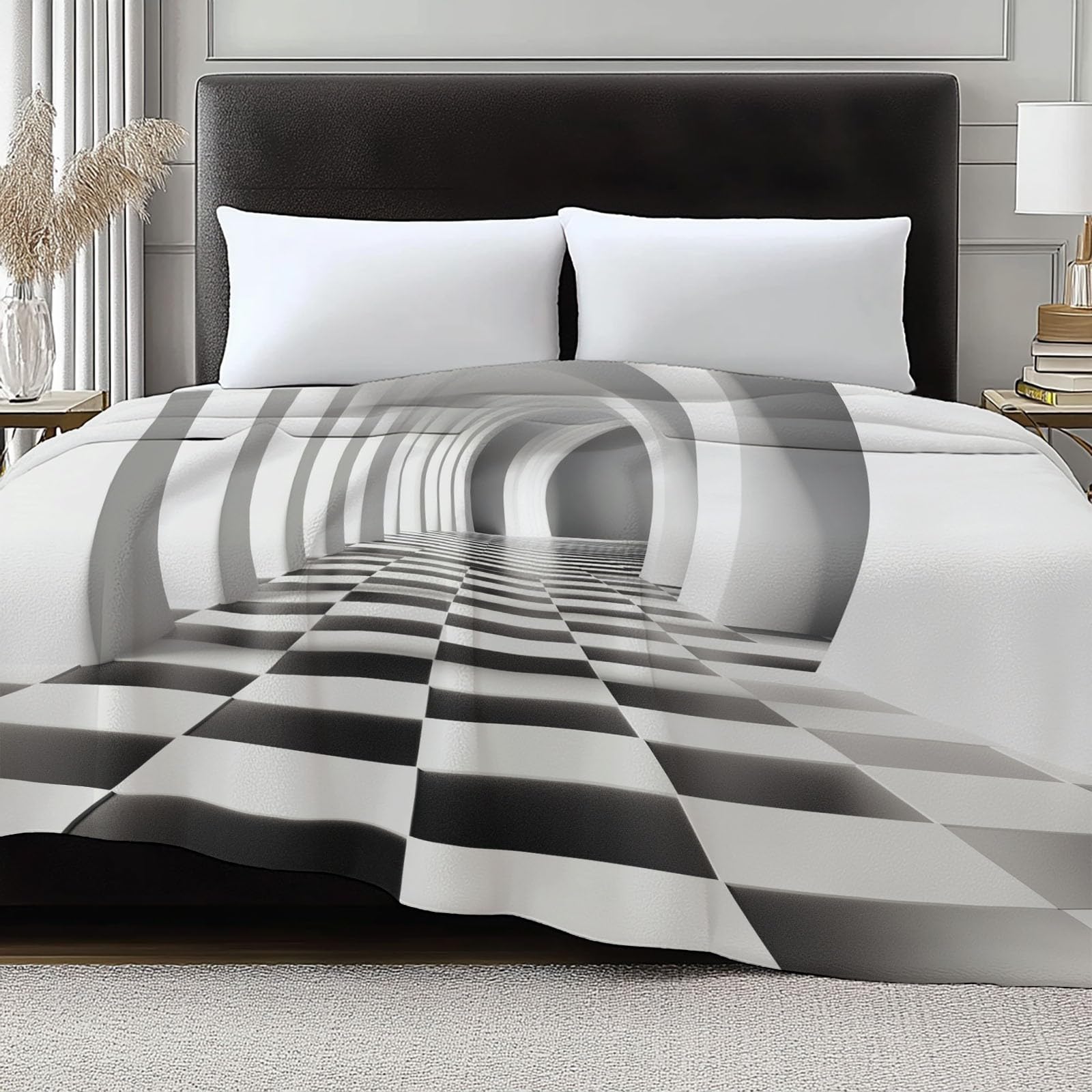 Griglia In Bianco E Nero Tunnel Spaziale Coperta Plaid Pile Flanella con Stampa, 220 x 240 cm Singolo Matrimoniale 3D Calda Coperta Fluffy Copridivano Morbida Invernale Coperte Trapunta Divano, Grigio