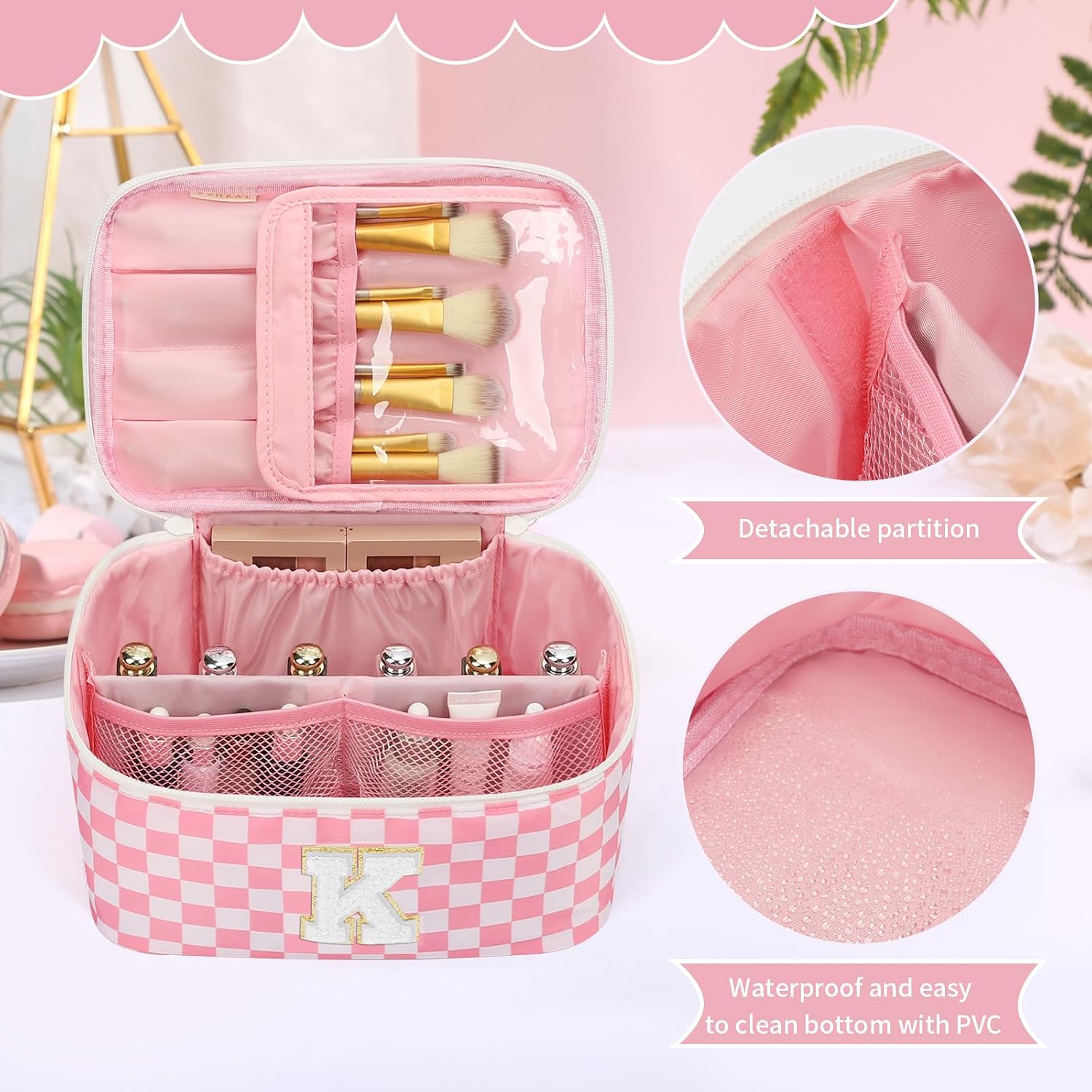 OCHEAL Makeup Bag for Women, Monogram Cosmetic Bag Pink Travel Makeup Case Beauty Toiletry Bag Organizer Personalized Gifts for Girls Bridesmaid, Sister, Wife, Friends Initial K