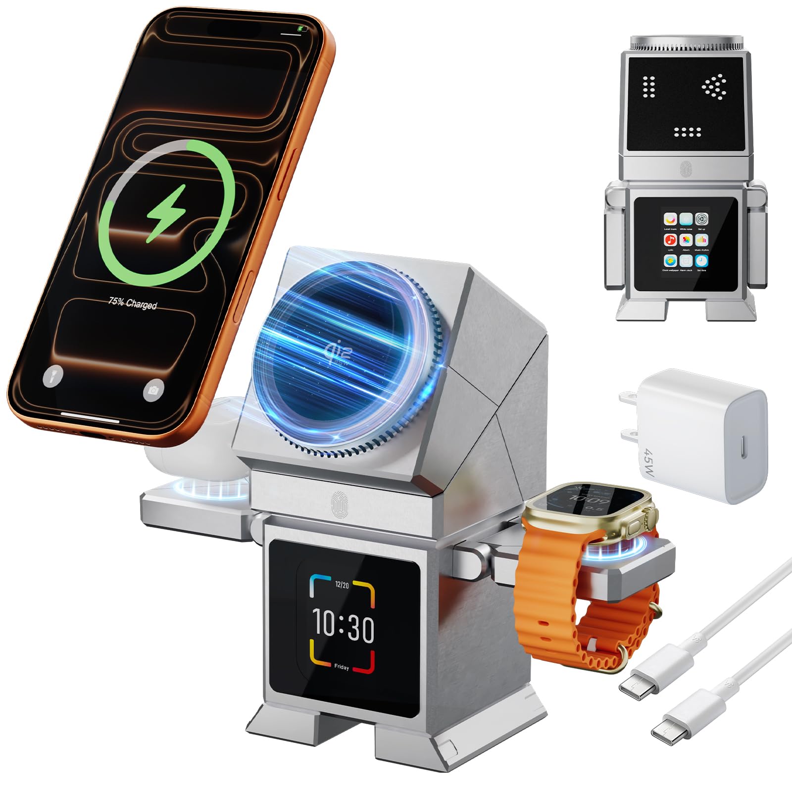Robotic Station de charge sans fil 3 en 1 pour iPhone avec écran tactile LCD, haut-parleur Bluetooth, réveil, Qi2 25 W magnétique rotatif pour iPhone iWatch AirPods, adaptateur 45 W inclus, argenté