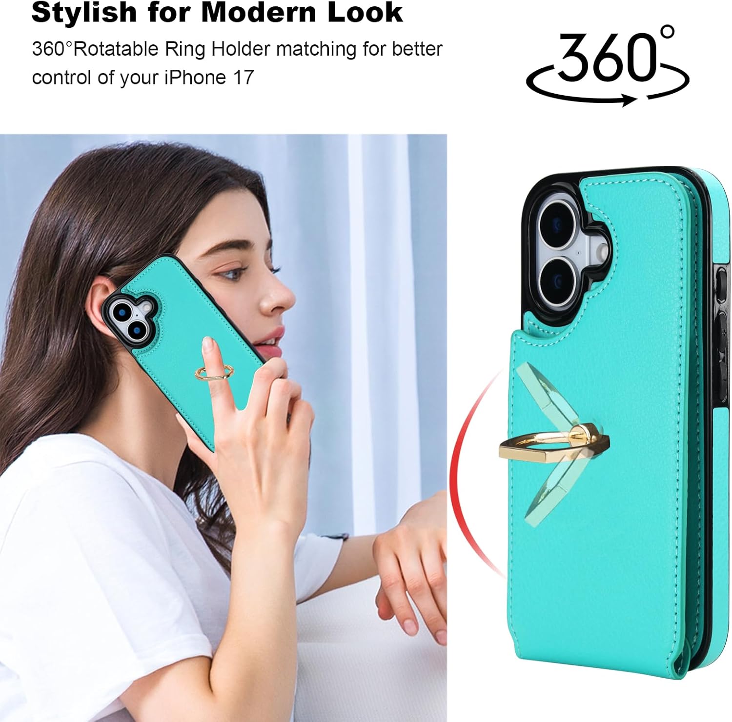 Folosu Compatible with iPhone 17 Case Wallet with Card Holder, 360°Rotation Finger Ring Holder Kickstand, RFID Blocking Leather Protective Double Buttons Shockproof Cover 6.3 Inch Mint Green