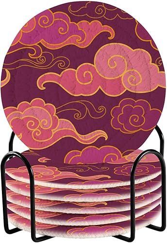 Purple Tones Clouds on The Sky Coasters Absorbant Coasters for Dining Table Set with Holder 6 Pack Coasters